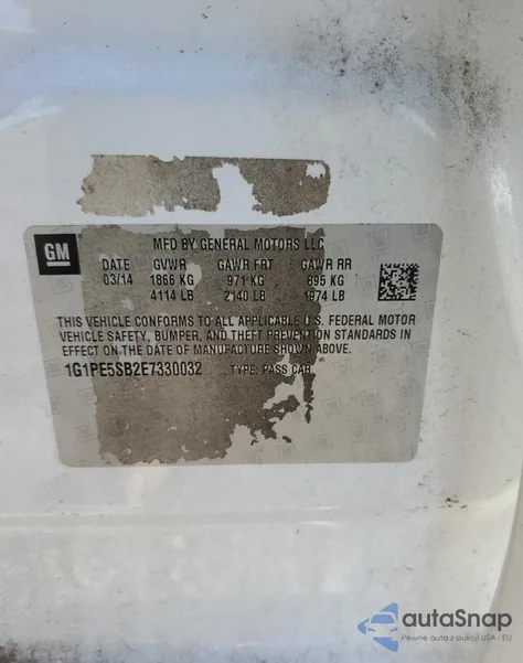 2014 Chevrolet Cruze Lt из США, поврежденный, VIN 1G1PE5SB2E7330032